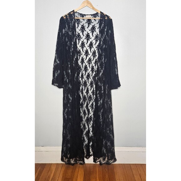 Vtg DELTA BURKE Sheer Black Lace Duster Cardigan 1X Open Robe Whimsygoth Witchy - Picture 1 of 7